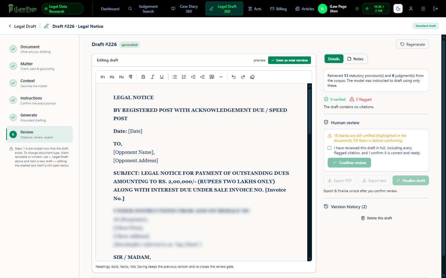 A generated draft in Legal Draft 360